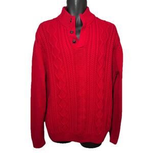 Chaps Men XL Red Sweater Quarter Button Mock Neck Cable Knit Sweater Dad